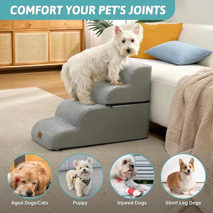 Detachable Curved Dog Stairs 19.7" H, 4 Step Small Dog Step for Puppy or Older Cat, Ramp for Bed, Sofa, Couch or Chair, Ladder with High Density Foam, 15.7x28.3x19.7 inch, Grey