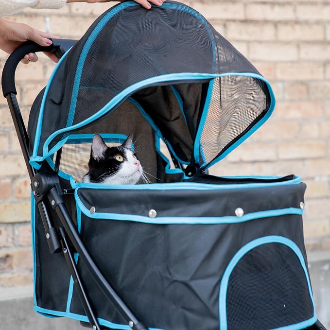Carlson Pet Stroller for Dogs and Cats up to 30 lb, Foldable Travel Stroller with Mesh Canopy, Umbrella, Swivel Wheel, Rear Brakes, Reflective Trim, Black
