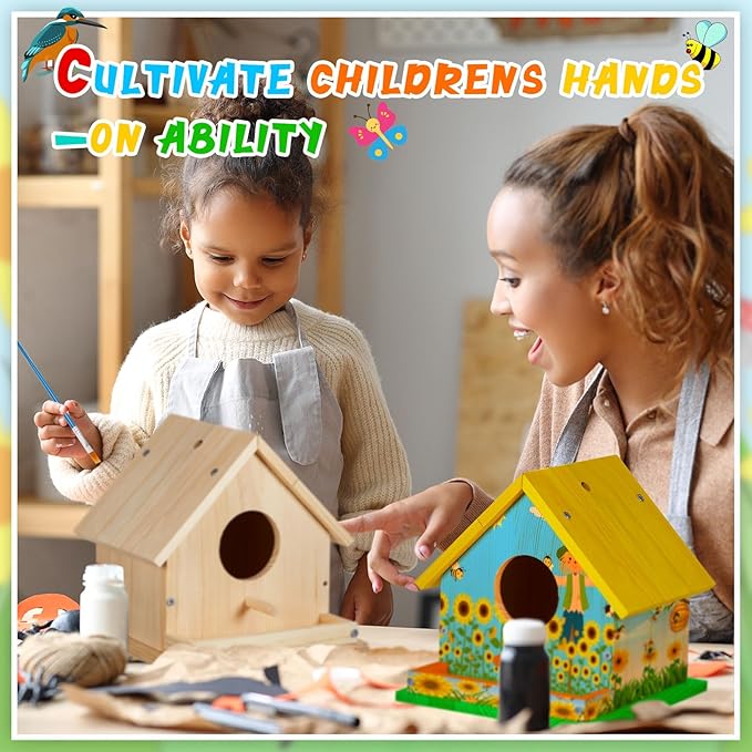 Liliful 12 Sets Wooden DIY Birdhouse Kit Unfinished Bird Houses with Paints and Paintbrushes Bird Feeder Craft Arts for Boy or Girl Classroom Activity and Christmas Kids Wooden Craft Gifts