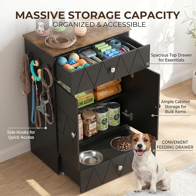 Pet Feeding Station with Storage, Raised Dog Bowls, Pet Feeder Cabinet, with Adjustable Shelves, Rolling Drawer, Hooks, for Feeding & Watering Supplies (Black)
