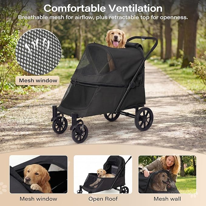LAUSAINT HOME 4 Wheels Pet Stroller, Foldable Oversized Dog Stroller for Medium & Large Dogs with Built-in Access Ramp, Lightweight Dog Cat Carrier with Breathable Mesh Cover, Khaki