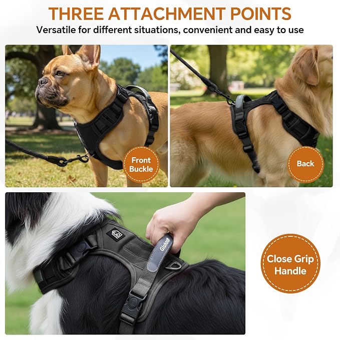 Heavy Duty Tactical Dog Harness for X-Large Dogs, No Pull Dog Harness with Handle & Front Clip, Reflective Soft Padded, Hook and Loop Panel, Dog Vest for Walking, Service Training, Black