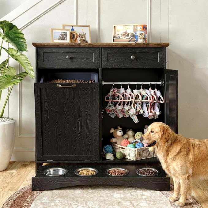 FIMELLO 39.7’’W Dual Doors Dog Food Storage Cabinet, Tilt-Out Dog Feeding Station with 4 Feeding Bowls, Pet Feeder Cabinet, Black Grain