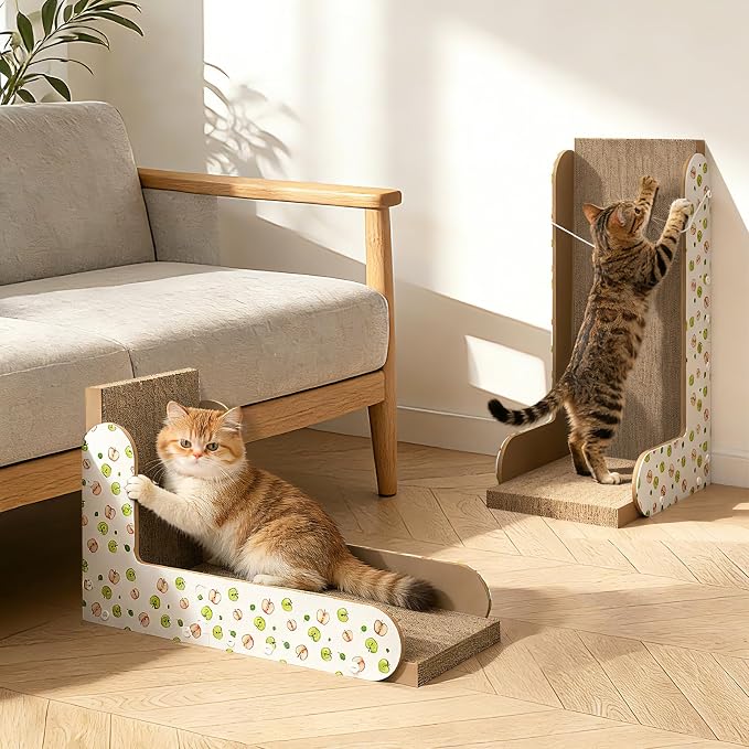 TIMHAKA Cat Scratcher, Large L-Shaped Cat Scratching Board for Indoor Cats, Double-Sided Cardboard Cat Scratcher with Ball Toy & Catnip, Vertical Cat Cat Scratcher Pad Wall Mounted, Big Size