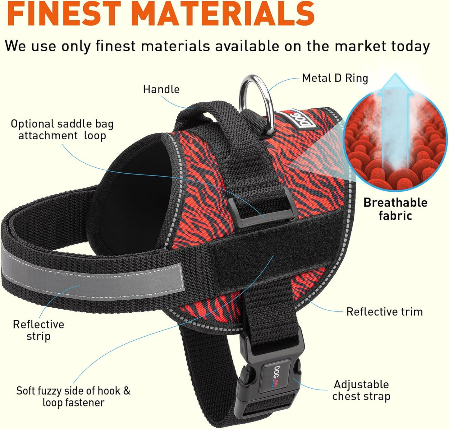 Dogline Dog Harness, Reflective No-Pull Adjustable Vest with Handle for Walking, Training, Breathable, No - Choke Harness for Small, Medium or Large Dogs Room for Patches Zebra Black/Red S 18"-24"