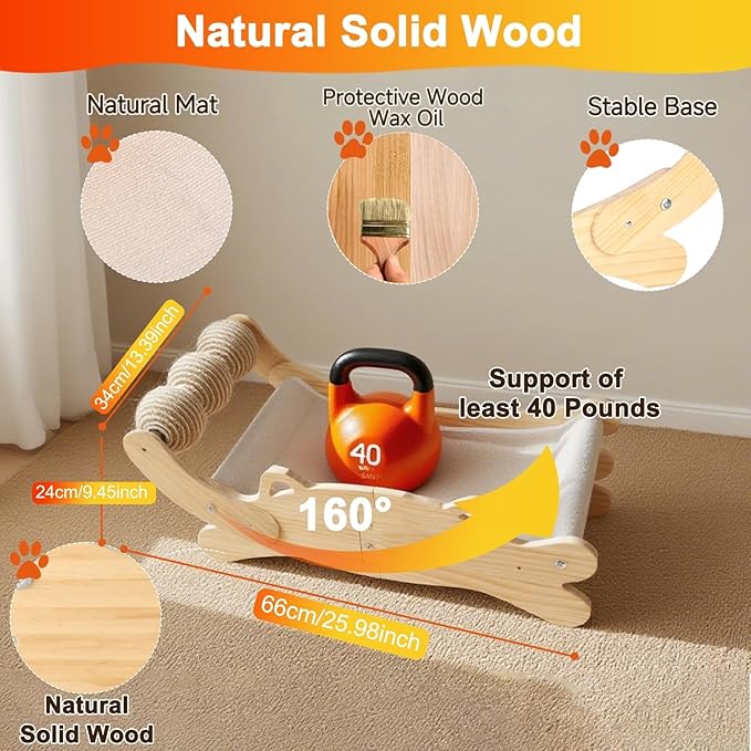 Cat Scratcher Bed, Heavy Duty Sisal Cat Scratching Post with Hammock for Indoor Cats, Natural Wood Cat Lounge for Sleeping & Scratching, Stable Bed for Large Cats