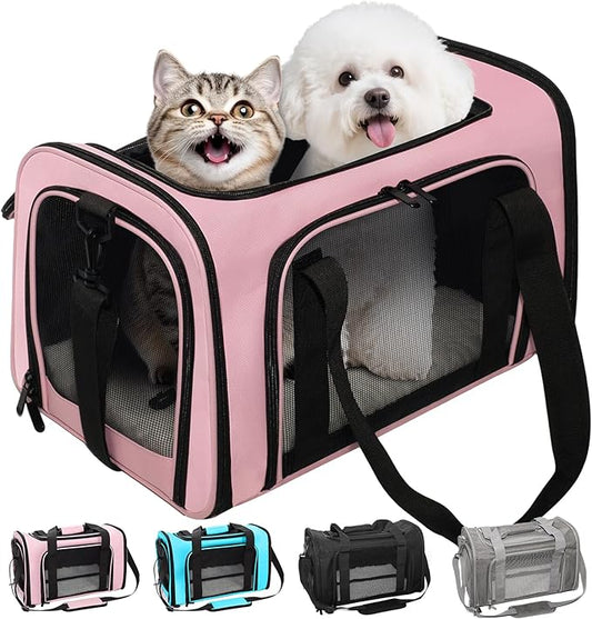 Soft-Sided Cat Carrier Expandable Pet Carrier Airline Approved Mesh Travel Carrier Up to 22lbs for Cats Small Dogs Collapsible Escape-Proof with Shoulder Strap Washer (20x13x13 Pink)