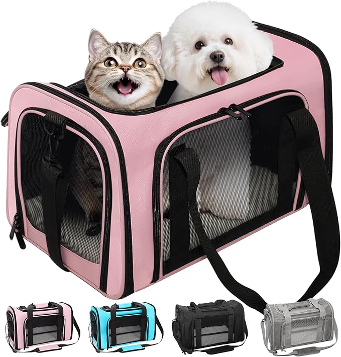 Soft-Sided Cat Carrier Expandable Pet Carrier Airline Approved Mesh Travel Carrier Up to 15lbs for Cats Small Dogs Collapsible Escape-Proof with Shoulder Strap Washable (18x11x11 Pink)