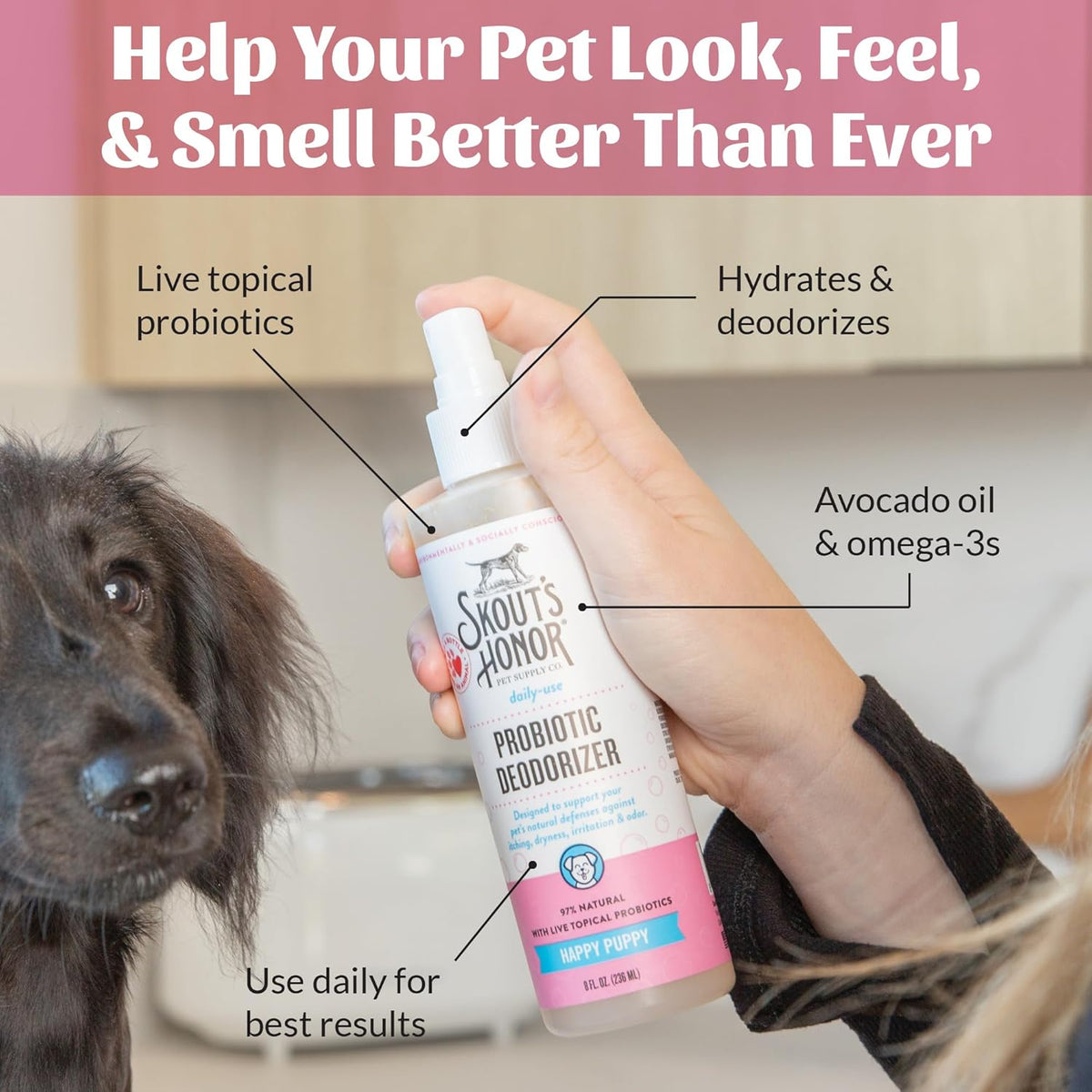 SKOUT'S HONOR Pet Deodorizer Spray- Hydrating Daily-Use with Avocado Oil & Omega-3s, Microbiome Friendly Certiified, Paraben & Sulfate-Free, 97% Natural, 8oz, Happy Puppy, 2-Pack