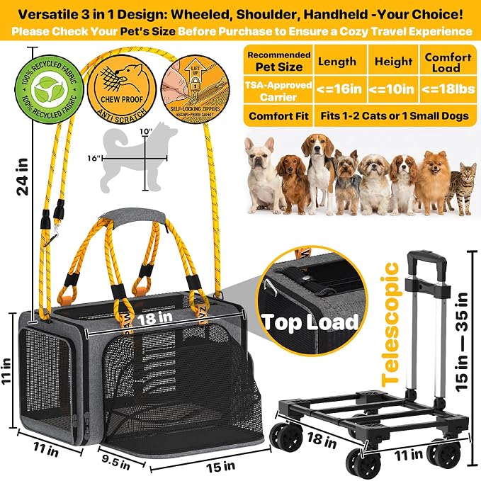 PAWZIDEA Expandable Pet Carrier with Wheels, 18"x11"x11" TSA Airline Approved Cat Carrier for 2 Cats Under Seat, Collapsible Soft-Sided Small Dog Rolling Travel Bag with Telescopic Handle, Up to 18lbs