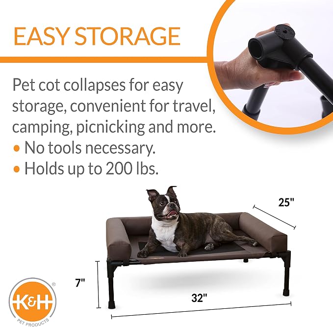 K&H Outdoor Elevated Dog Bed, Bolster Pet Cot, Medium 32x25in, Chocolate | Pet Cot for Medium & Large Pets, Washable Mesh Center Hammock with removable Washable Bolsters, Indoor / Outdoor Dog Bed