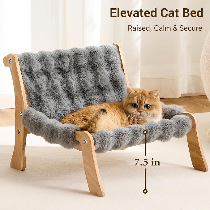 Solid Wood Cat Couch Bed for Indoor Cats, Modern Cat Sofa with Ultra-Soft Plush Surface Washable, Reclined Backrest, Elevated Plush Cat Lounge for Small to Adult Cats, Frost Gray