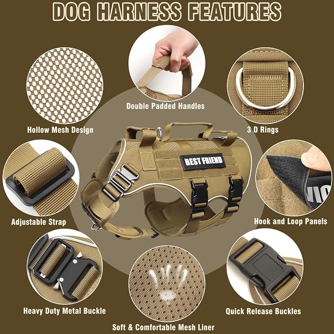 Air Mesh Tactical Dog Harness with Metal Buckles&MOLLE,Brown Medium | Breathable Adjustable No Pull Service Dog Vest with 3 Padded Handles,Military Dog Harness for Training Hiking Hunting Working