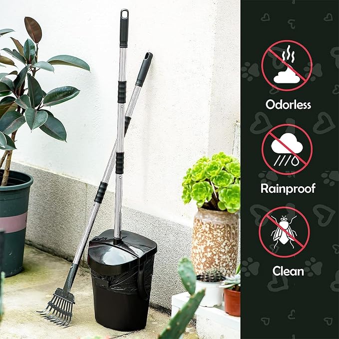 2pcs Heavy Duty Dog Pooper Scooper with 40 Bags, Long Handle Swivel Bin & Rake Spade for Large Medium Dogs, Pet Waste Removal for Yard Grass Gravel, Easy to Clean