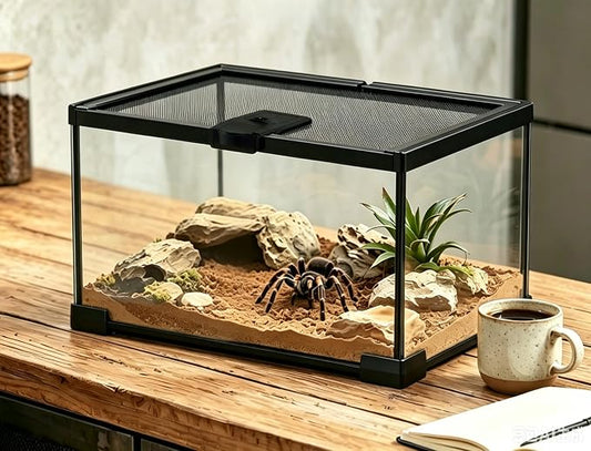 Small Reptile Glass Terrarium Tank: 2.5 Gallon Tarantula Enclosure 12x8x6 | Breeding Box with Lockable Top Opening Mesh Lid - 360°Full View Spider Enclosure for Hermit Crab Lizard Snake Millipede