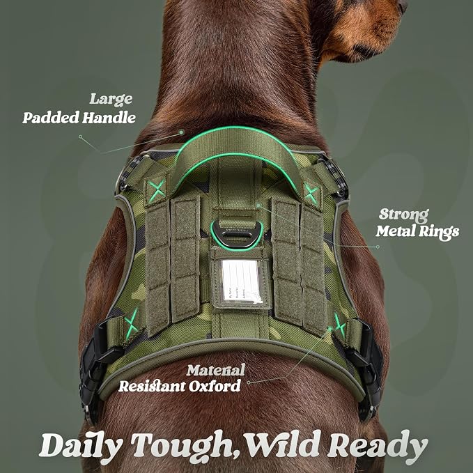 rabbitgoo Tactical Dog Harness for Small Dogs, No Pull Service Pet Vest | Military Molle System & Easy Control Handle, Adjustable and Reflective for Walking and Training, Green Camo, Small