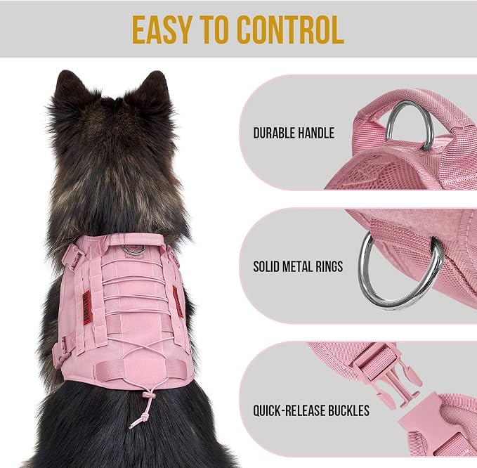 OneTigris Tactical Dog Harness Vest,No-Pull Service Dog Vest with Hook & Loop Panels,Adjustable Dog Vest Harness for Walking Hiking Training(Pink,S)