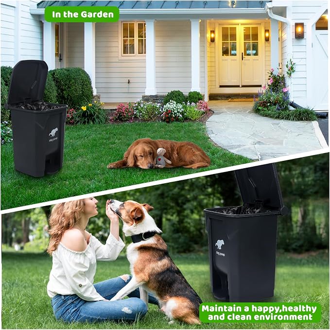 Dog Poop Trash Can Outside - 20L/5Gal Large Outdoor Trash Can with Lid | Outdoor Dog Poop Trash Can with 100 Bags, Pedal and Removable Inner Bin, Odor Control, Suitable for All Types of Dogs, Black