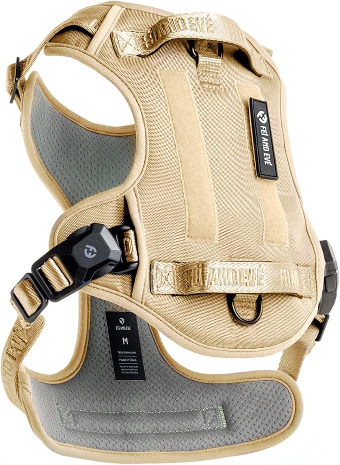 Fei & Eve Classic Dog Harness, MagEase Magnetic Buckle | 3-Point No-Pull Control, Dual Handle Support, 900D Nylon, Tactical Patch Panel, Heavy Duty, Medium, Champagne