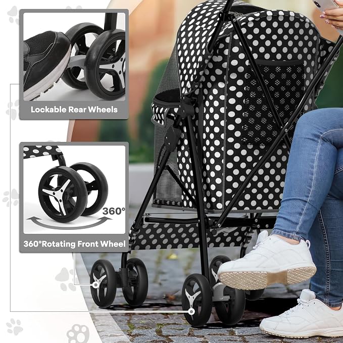 Pet Stroller for Small Dogs & Cats - 10-22lbs, Rear Storage, Black Polka Dots