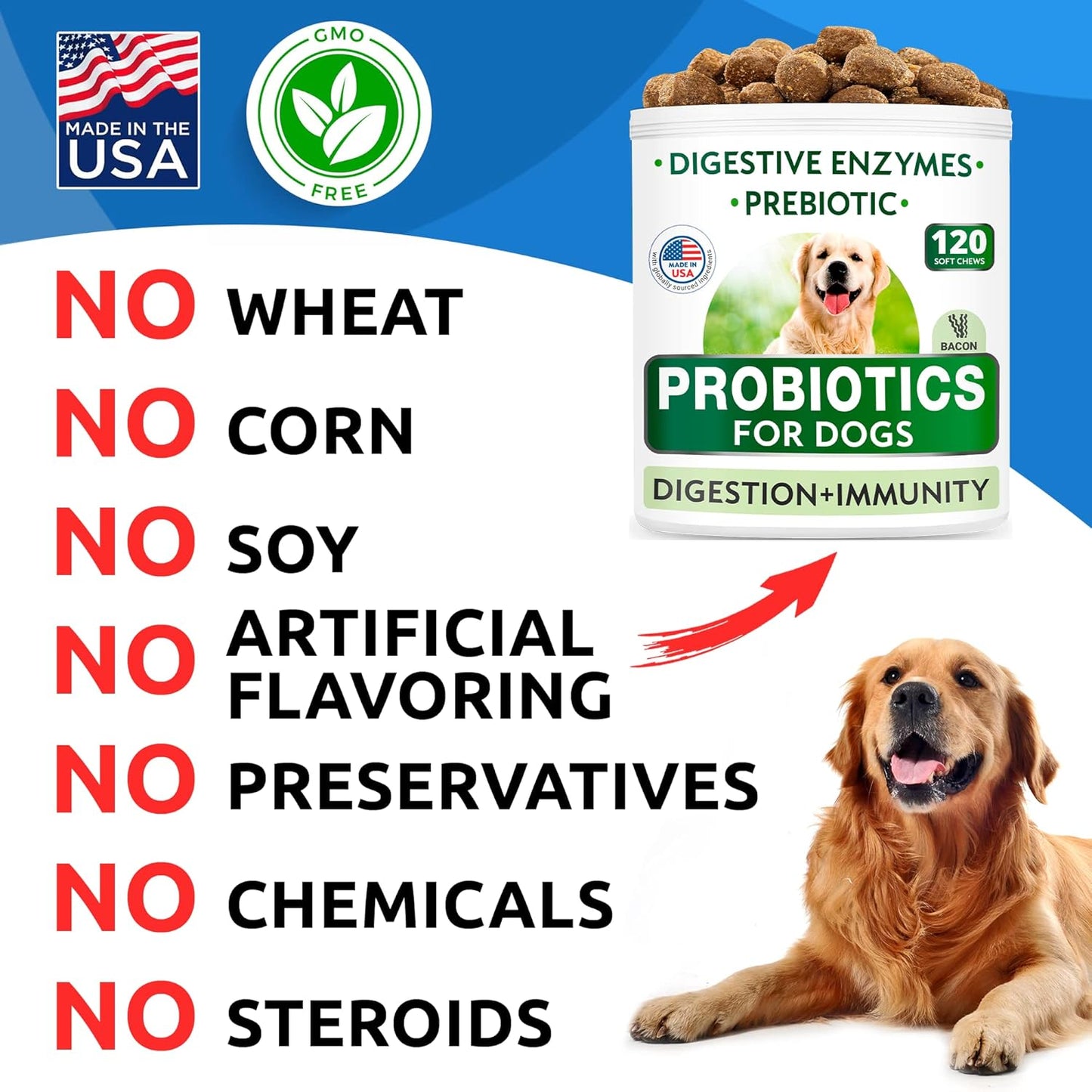 Bark&Spark Dog Probiotics & Digestive Enzymes (Gut Health) Allergy & Itchy Skin - Pet Diarrhea Gas Treatment Upset Stomach Relief, Digestion Health Prebiotic Supplement Large Dog Treats (240Ct Bacon)