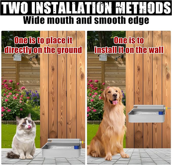 Automatic Dog Water Dispenser 2 Gal/7.57L Outdoor Dog Water Bowl Auto-Fill Water Feeder Stainless Steel Large Livestock Waterer Fit 3/4" GHT Faucet Wide Mouth Wall/Ground Mount