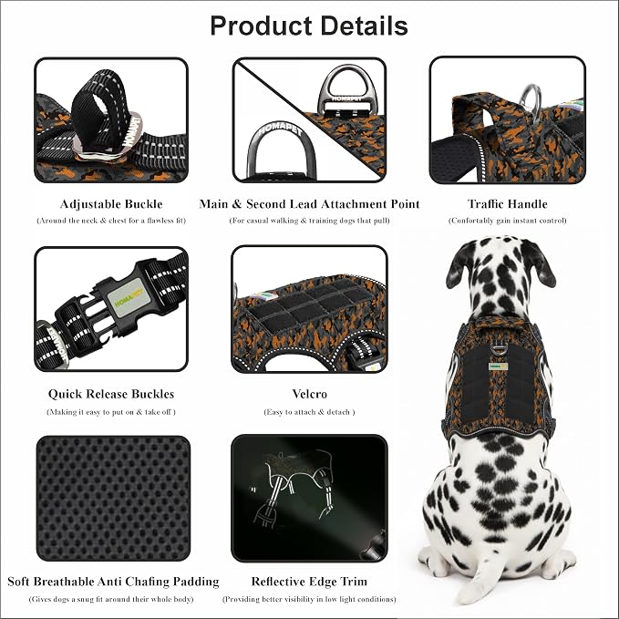 Homapet. Tactical Dog Harness with Dual Leash Attachment Points, Adjustable and Reflective Military Grade Dog Vest with Comfort Control Handle (ORNG BLK CAMO-S)