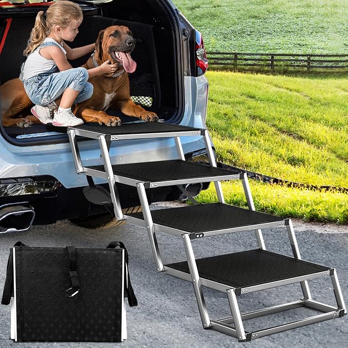 Joyrally 4-Step Dog Stairs for Car, Large Dogs, High-Traction Mat | 20 in extra-wide aluminum frame, 200 lb capacity and foldable design for SUV and truck trunks, for senior and injured dogs