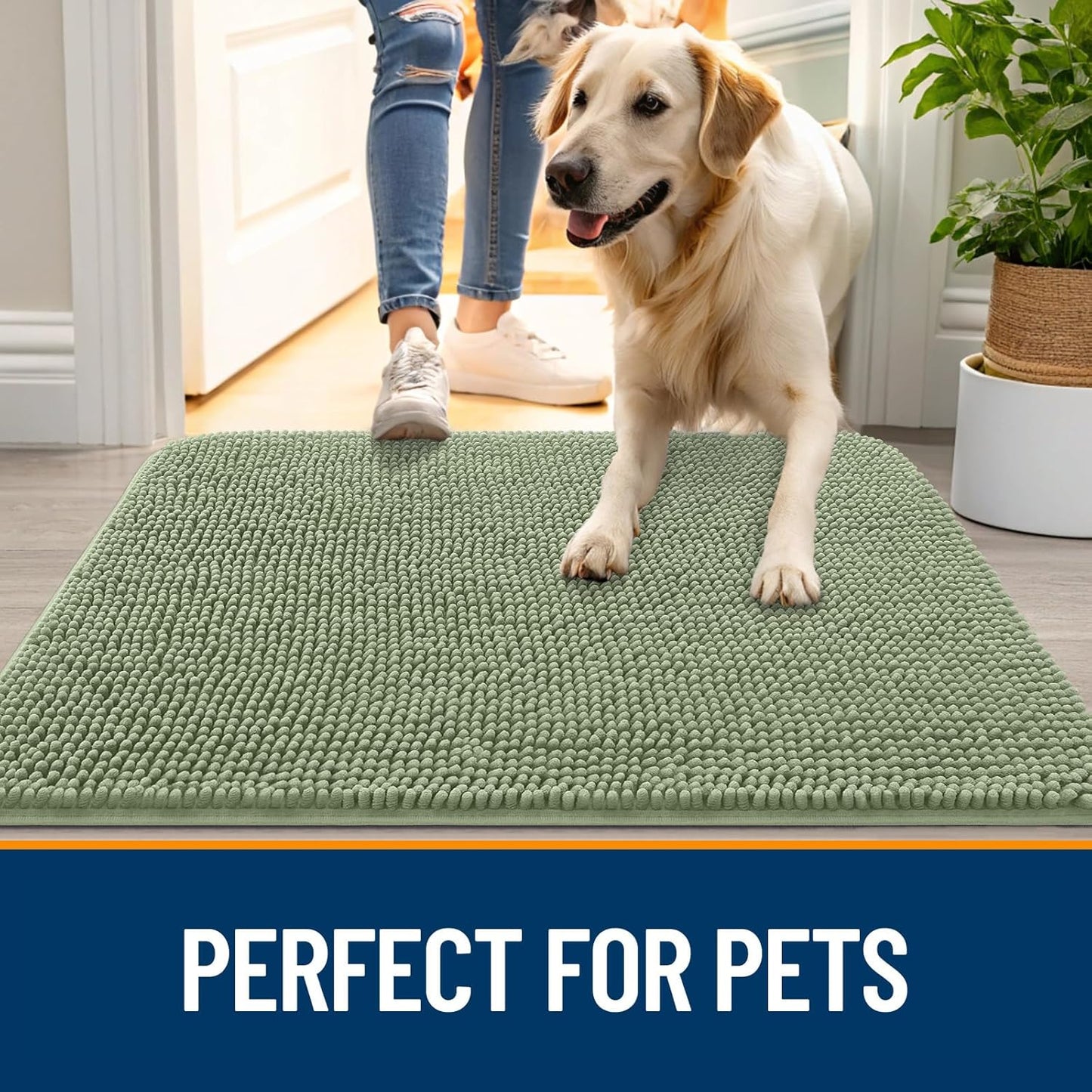 OLANLY Dog Door Mat for Muddy Paws 24x16, Absorbs Moisture and Dirt, Absorbent Non-Slip Washable Doormat, Quick Dry Chenille Mud Mat for Dogs, Entry Indoor Entryway Carpet for Inside Floor, Sage Green