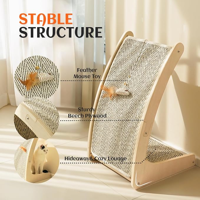 PETKARAY Cat Scratcher, Sisal Cat Scratch Pad, Curved Scratching Board for Indoor Kitty, Floor Mounted Scratcher with Mouse Toy Catnip