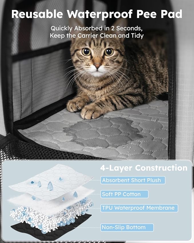 Pecute Top Expandable Cat Carrier Sturdy Pet Bag with 5mm Anti-Collapse Steel Frame, Soft Dog Carrier for Car Travel Vet Visits Outdoor Hammock,Foldable Travel Crate with Leakproof Pee Pad & Bowl,Gray