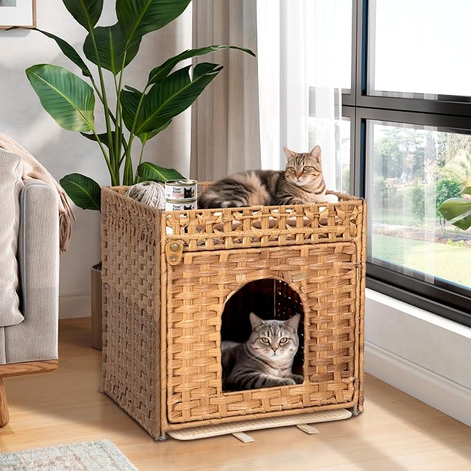 Handwoven Rattan Cat Litter Box Enclosure Furniture - Hidden Cabinet with Odor-Control Mat, Anti-Spill Fence & Secure S-Hooks for Living Room/Bedroom, 18.2"x18.2"x24.5" (Natural)