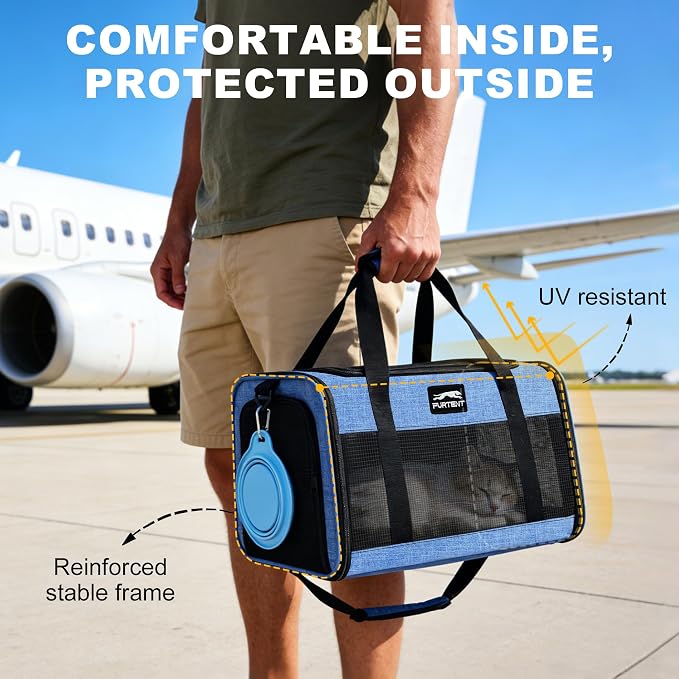 Pet Carrier Airline Approved, Soft Sided Cat Carrier for Small Pets up to 13 lbs, TSA Approved Dog Travel Bag, Portable Soft Sided Pet Carrier for Kittens and Puppies (Blue, Folding Bowl)