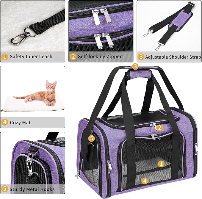 Soft-Sided Cat/Dog/Pet Carrier, Collapsible Pets Travel Carriers for Big Cats/Small Dogs with Shoulder Strap & Removable Mat, Mesh Puppy Carry Bag, Up to 16 Lbs, TSA Airline Approved(Purple)