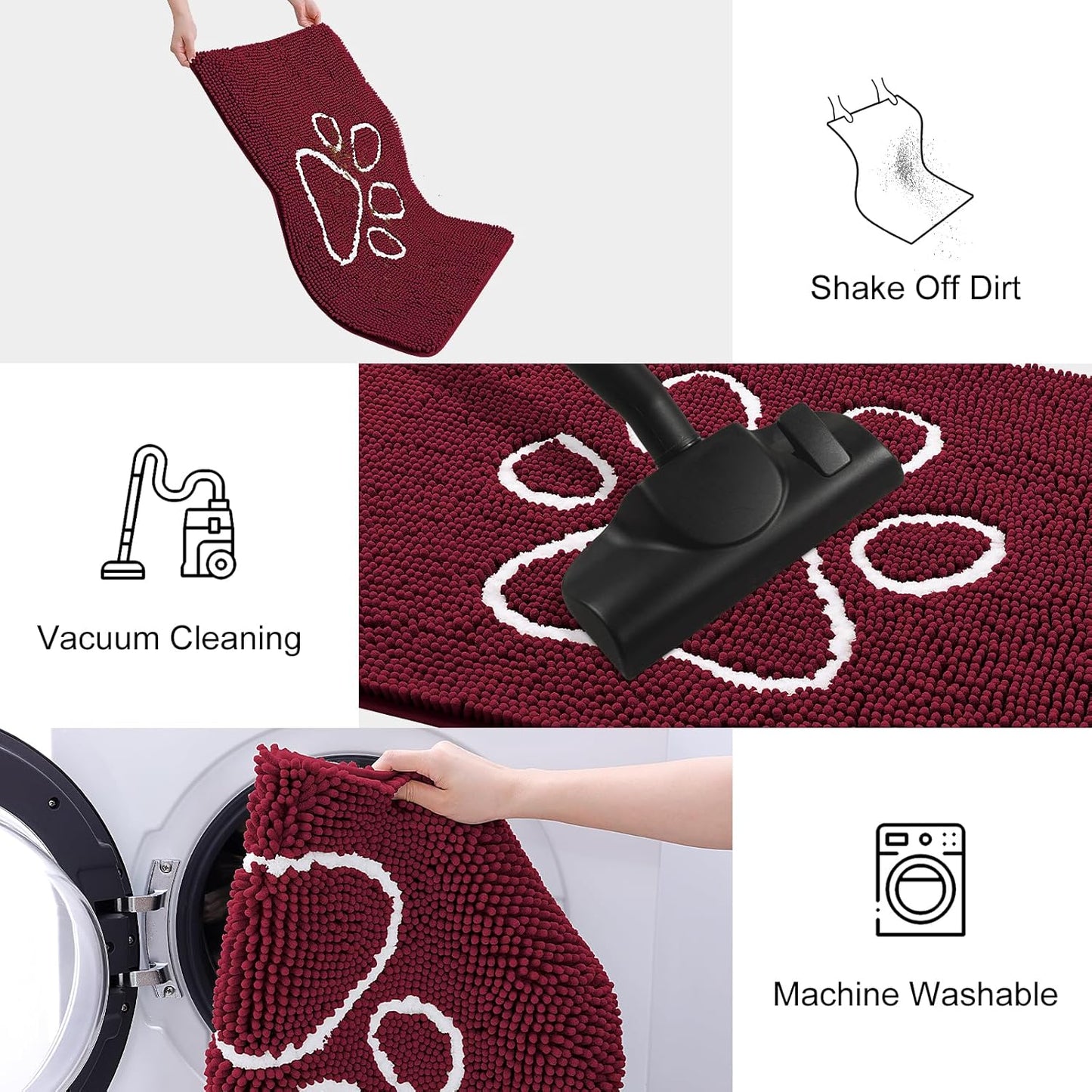 Smiry Dog Door Mat for Muddy Paws, Absorbent Dirt Trapper Non Slip Quick Dry Washable Chenille Mat for Mud Dogs, Entry Rug for Indoor and Outdoor (30x20 Inches, Burgundy)