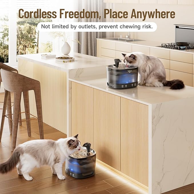 Veken Cordless Cat Water Fountain with Stainless Steel Tray & Secure Clips, 5200 mAh Battery Operated Pet Drinking Dispenser with LED Light, 85oz/2.5L Wireless Fountain for Cats, Dogs and Small Pets