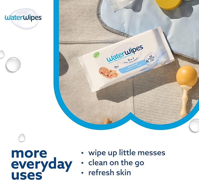 WaterWipes Sensitive+ Newborn & Baby Wipes,3-In-1 Cleans,Cares,Protects,99.9% Water,Unscented & Hypoallergenic,1440 Total,60 Count (Pack of 24)