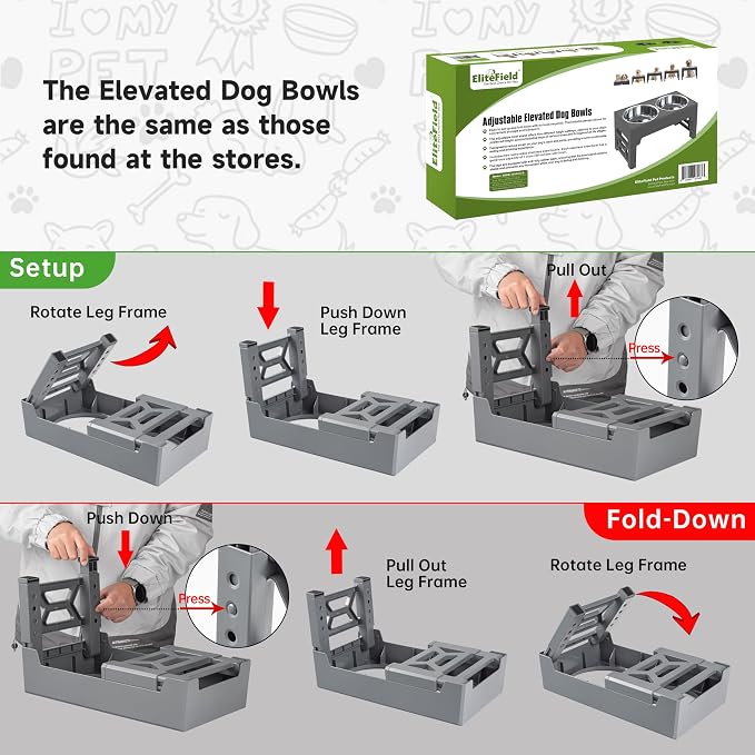 EliteField Elevated Dog Bowls, 2 Stainless Steel Bowls (2-Year Warranty) | 58 oz Bowls, 5 Adjustable Heights, Small to Large Dogs, Foldable, Dishwasher Safe, Anti-Slip Feet