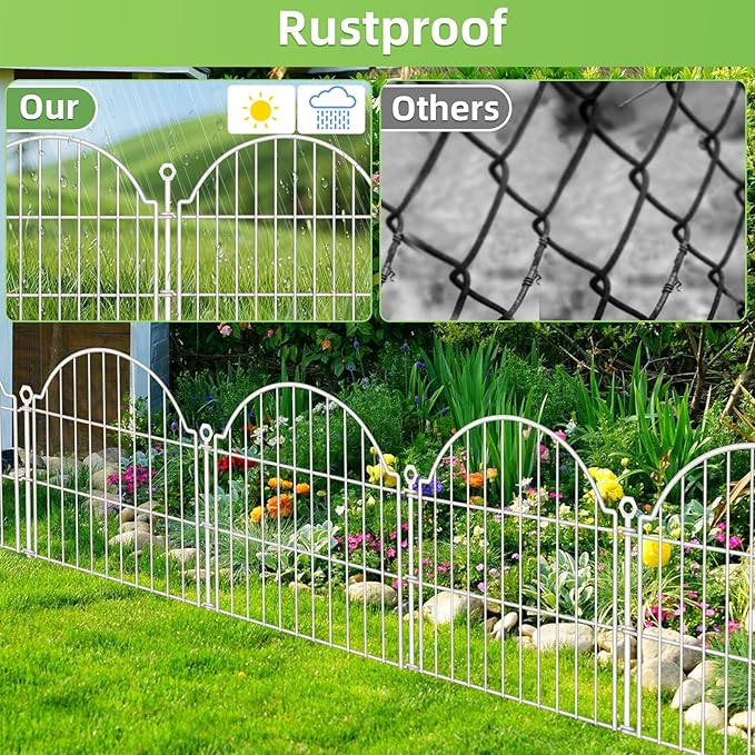10 Panels No Dig Decorative Garden Fence for Yard, 24in (H) x 20ft (L) Rustproof Metal Wire Panel Border Animal Barrier Fencing for Dog, Rabbits, Flower Bed Edging Ornamental with Ground Stake, White