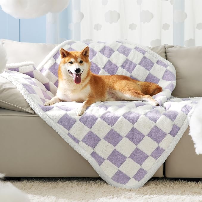 LE SURE Waterproof Dog Blankets for Large Dogs Cute Cozy 3D Jacquard,40x50 | Warm Soft Pet Blanket for Senior Dogs Aesthetic Gift, Washable Sherpa Throw, Reversible Couch Protector, Lavender Checks