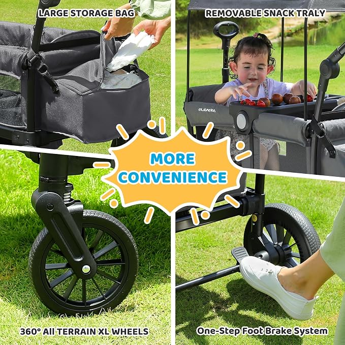 ELEMARA Foldable Wagon Stroller, Stroller Wagon for 2 Kids, Premium All Terrain Wagon for Kids with Removable Canopy, Adjustable Push/Pull Handle, Harnesses, Large Storage Bag, Gray