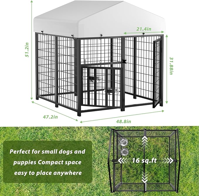 LOVMOR 4' x 4' Outdoor Dog Kennel with Roof for Large Dogs | Heavy duty steel frame, waterproof canopy, double latch door, adjustable feeding bowls for yards and patios