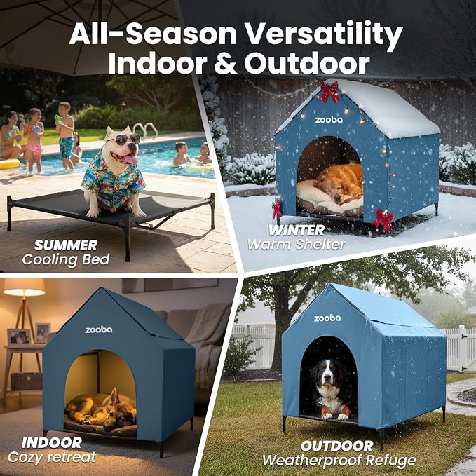 Zooba 36in Large Dog House Outdoor, Elevated Dog Bed with Canopy, Blue | Weather-resistant 600D PVC canopy, breathable 2x1 Textilene elevated bed, steel frame; indoor or outdoor; easy to clean