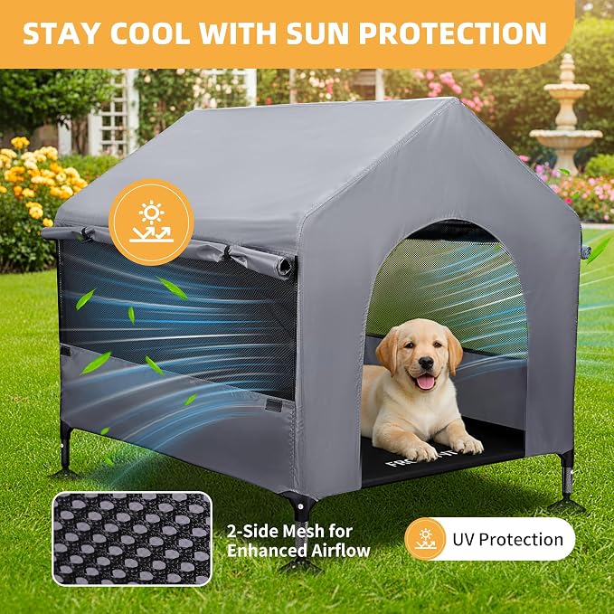 Dog House, 36” Large Dog House Outdoor Indoor Elevated Dog Cot Bed | 2-in-1 Outside Dog Tent Shade, Three-Sided Breathable Mesh Windows, Easy to Install, Waterproof Canopy, Non-Slip Feet
