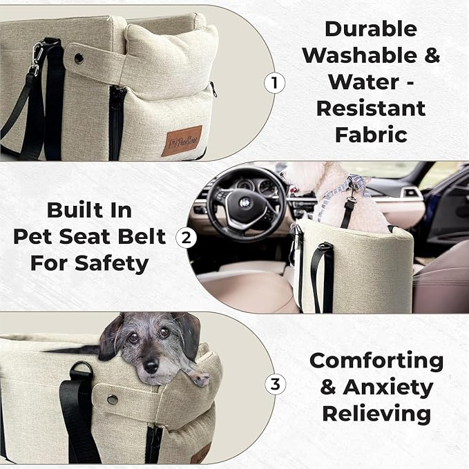 Center Console Dog Car Seat for Small Dogs and Puppies 5-13Lbs, Ideal Armrest Booster Car Travel Seat with Safety Protection Seat Belts, Storage Pockets - Reduces Anxiety (Woven - Beige)