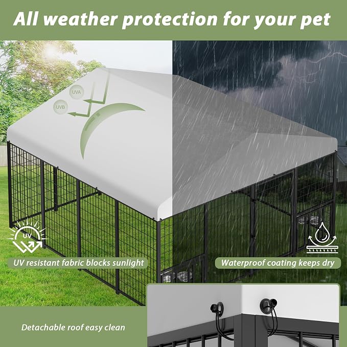 LOVMOR 10' x 10' Outdoor Dog Kennel with Roof for Large Dogs | Heavy duty steel frame, waterproof canopy, double latch door, adjustable feeding bowls for yards and patios