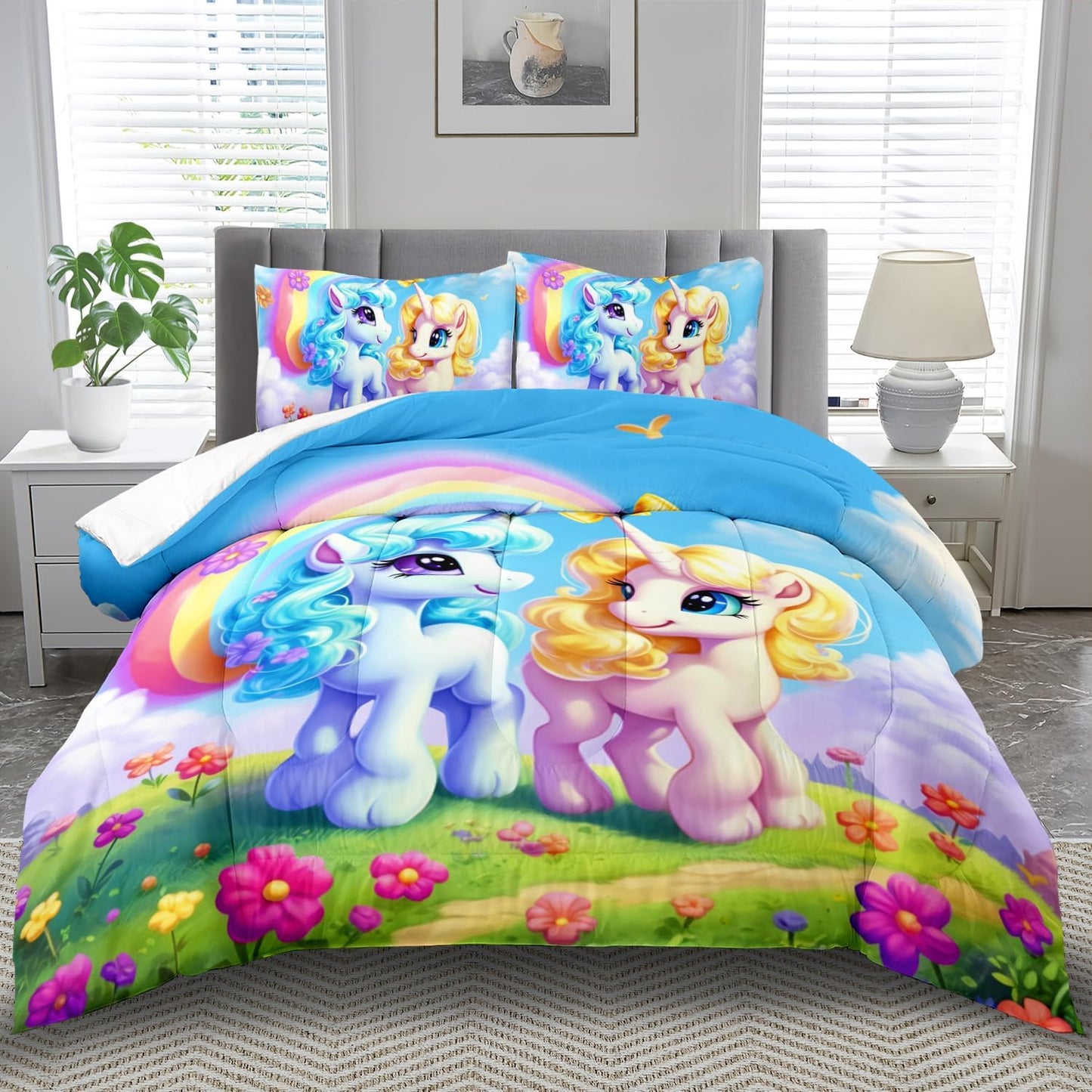 Unicorn Comforter Set King,Kawaii Unicorn Bedding Set King Kids,Rainbow Comforter Blue Bedroom Decor,Cute Animal Bedding Rainbow Bed Decor for Girls,Cartoon Blue Floral Quilt