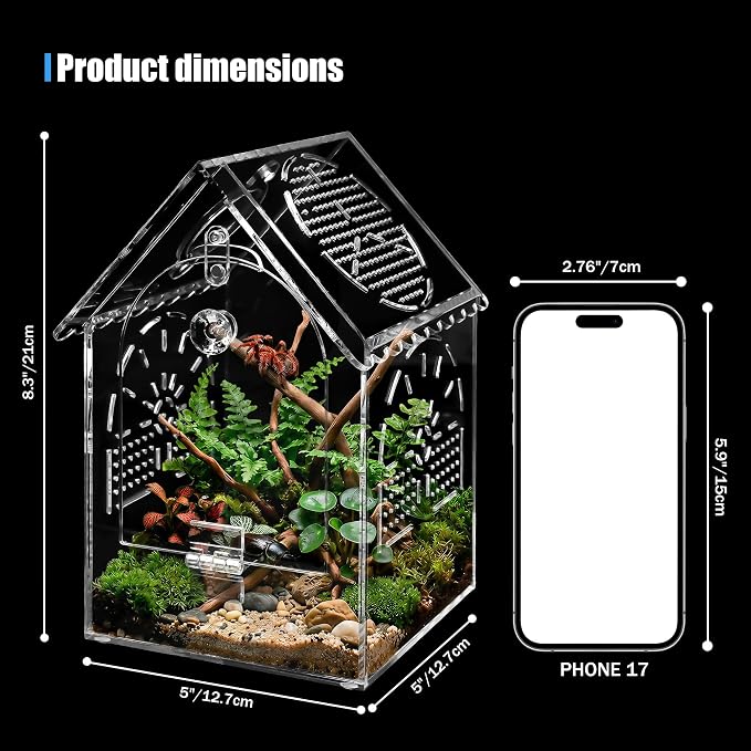 Jumping Spider House Enclosure, Seamless Acrylic Praying Mantis Habitat, 5"x5"x8.3", Medium