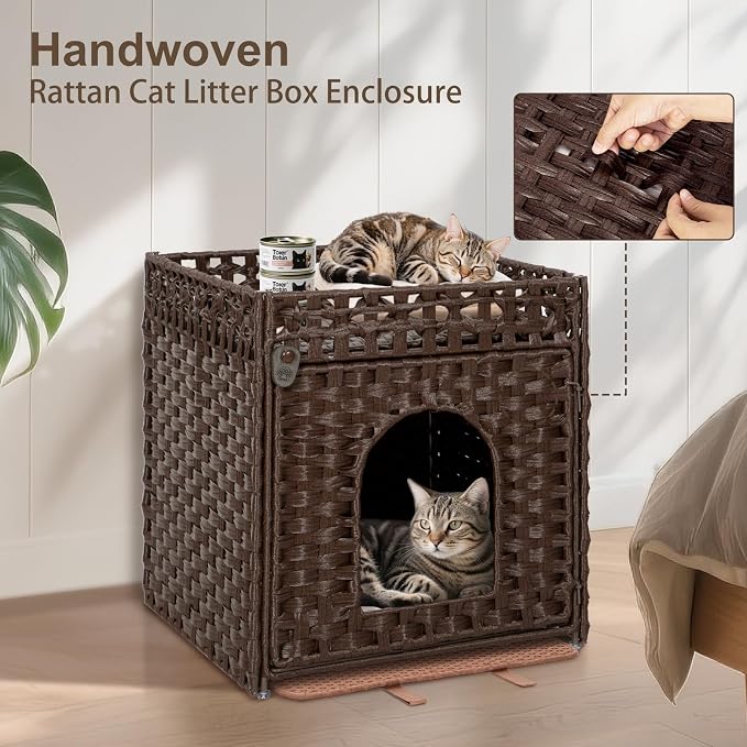 Handwoven Rattan Cat Litter Box Enclosure Furniture - Hidden Cabinet with Odor-Control Mat, Anti-Spill Fence & Secure S-Hooks for Living Room/Bedroom, 18.2"x18.2"x24.5" (Brown)