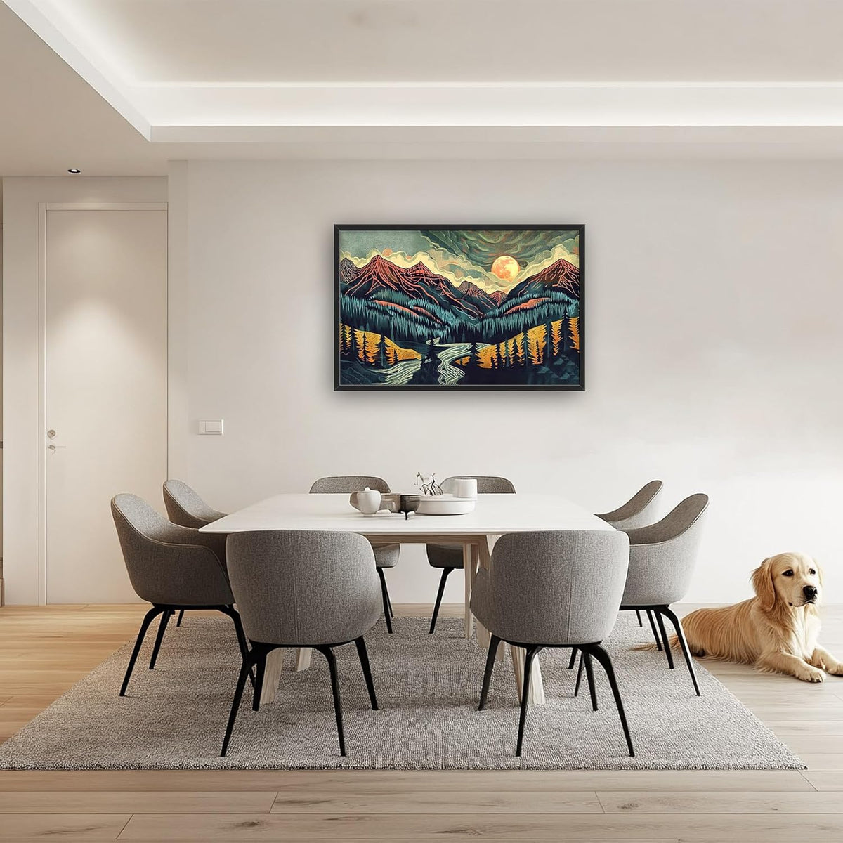 Quorin Boho Mountain Large Wall Art Abstract Pictures Lake Pine Tree Forest Foggy Sunset Wall Decor Nature Landscape Canvas Print Painting Artwork for Bathroom Living Room Bedroom 36L x 24W